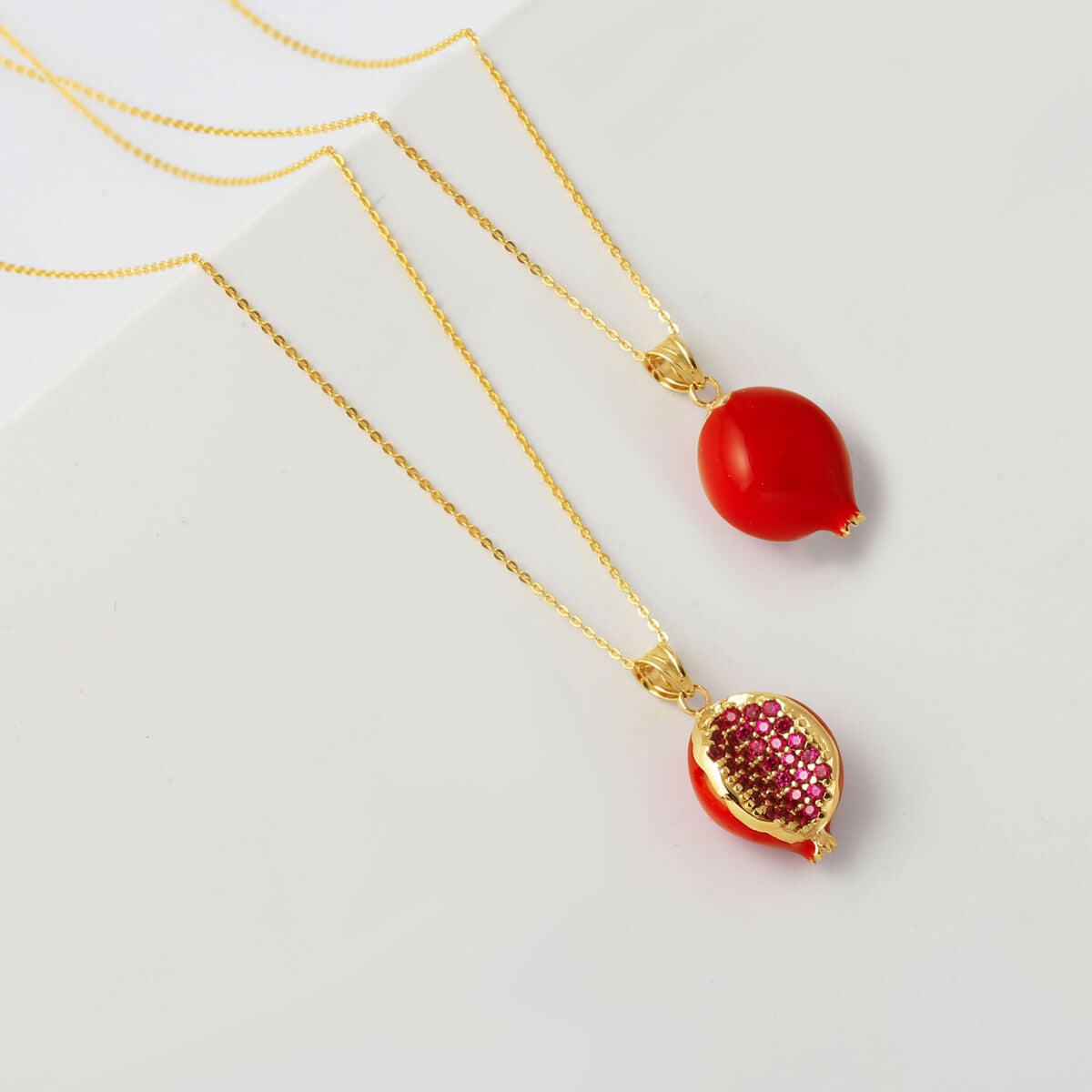 14K Yellow Gold Pomegranate Enamel Cubic Zirconia Necklace