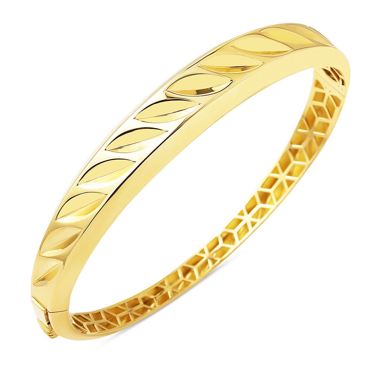 14K Yellow Gold Leaf Lock Hinged Cuff Bangle