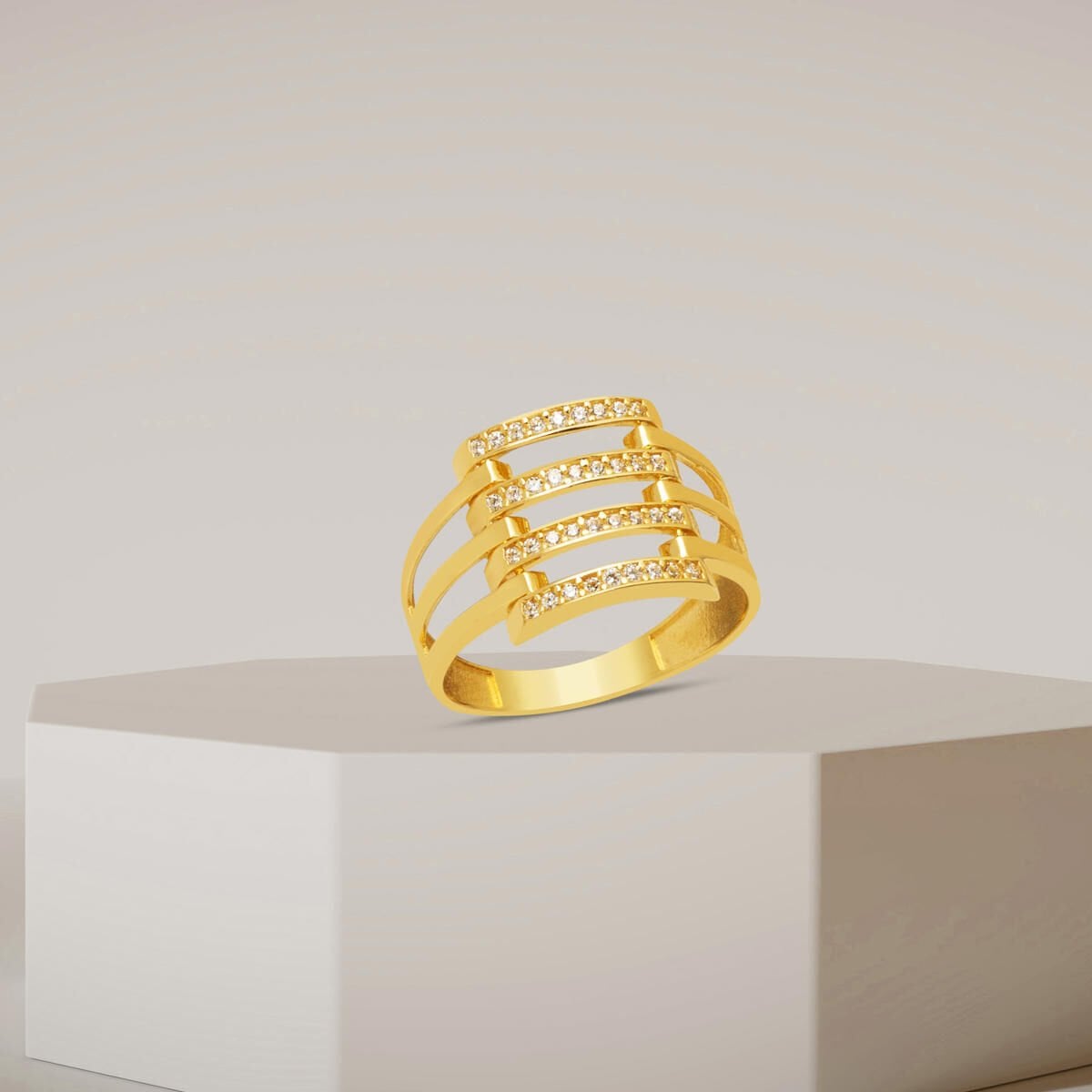 14K Yellow Gold Quad Ribbed Cubic Zirconia Ring