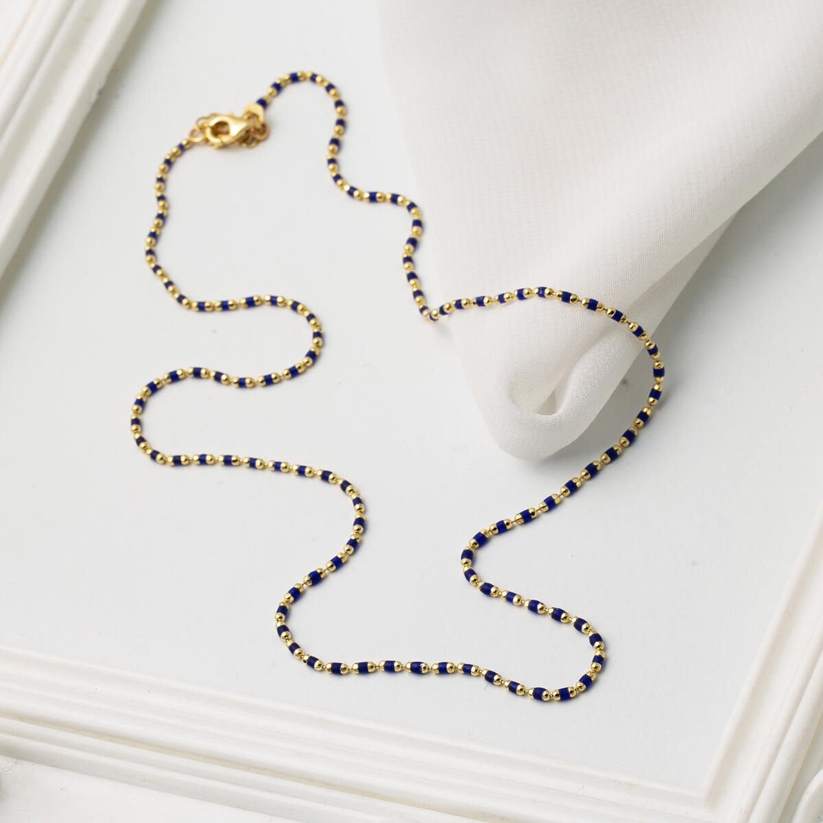 14K Yellow Gold Navy Blue Enamel Chain Necklace