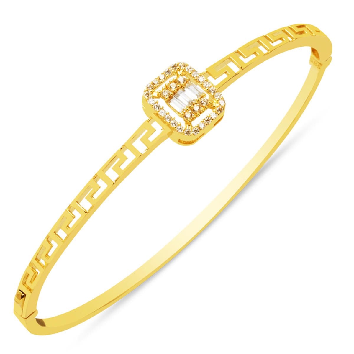 14K Yellow Gold Designer Inspired Baguette Cubic Zirconia Hinged Cuff Bangle