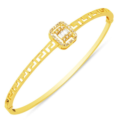 14K Yellow Gold Designer Inspired Baguette Cubic Zirconia Hinged Cuff Bangle