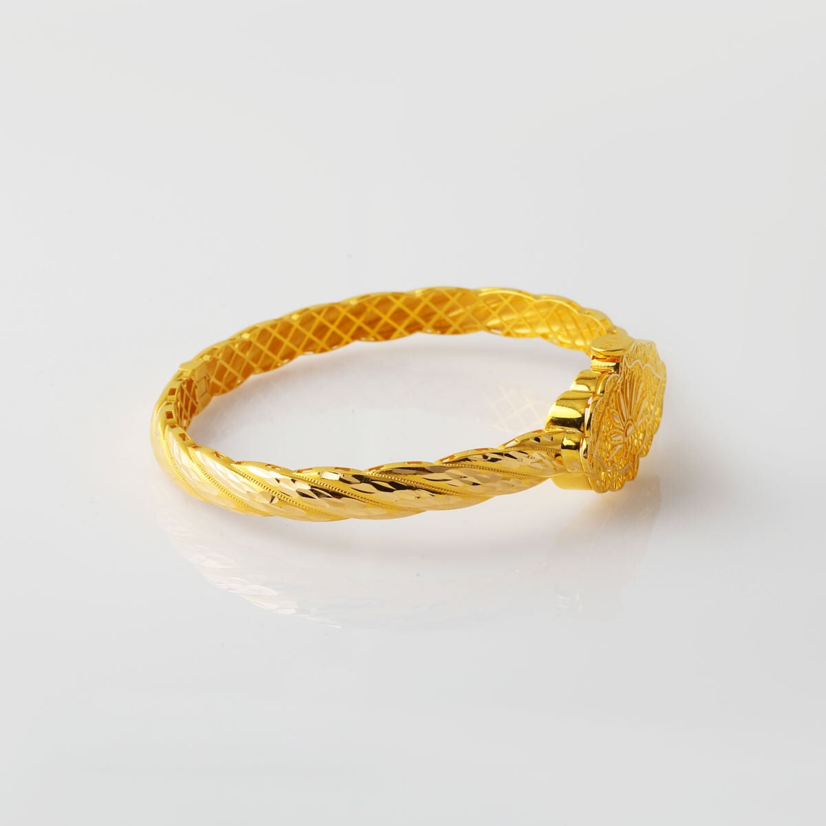 14K Yellow Gold Ornate Indian Style Hinged Cuff Bangle