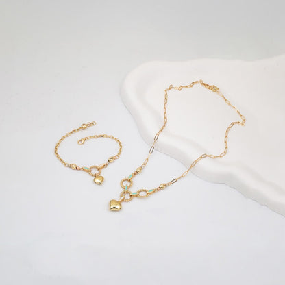 14K Yellow Gold Heart Motif Turquoise Necklace & Bracelet Set