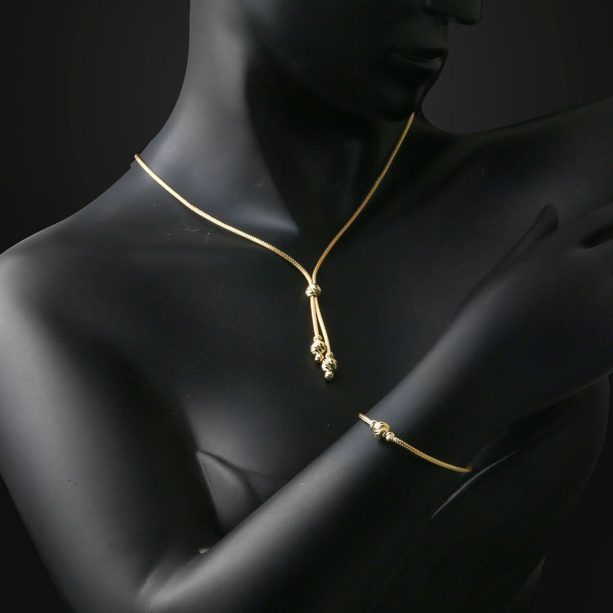14K Yellow Gold Woven Link Chain Gold Bead Set