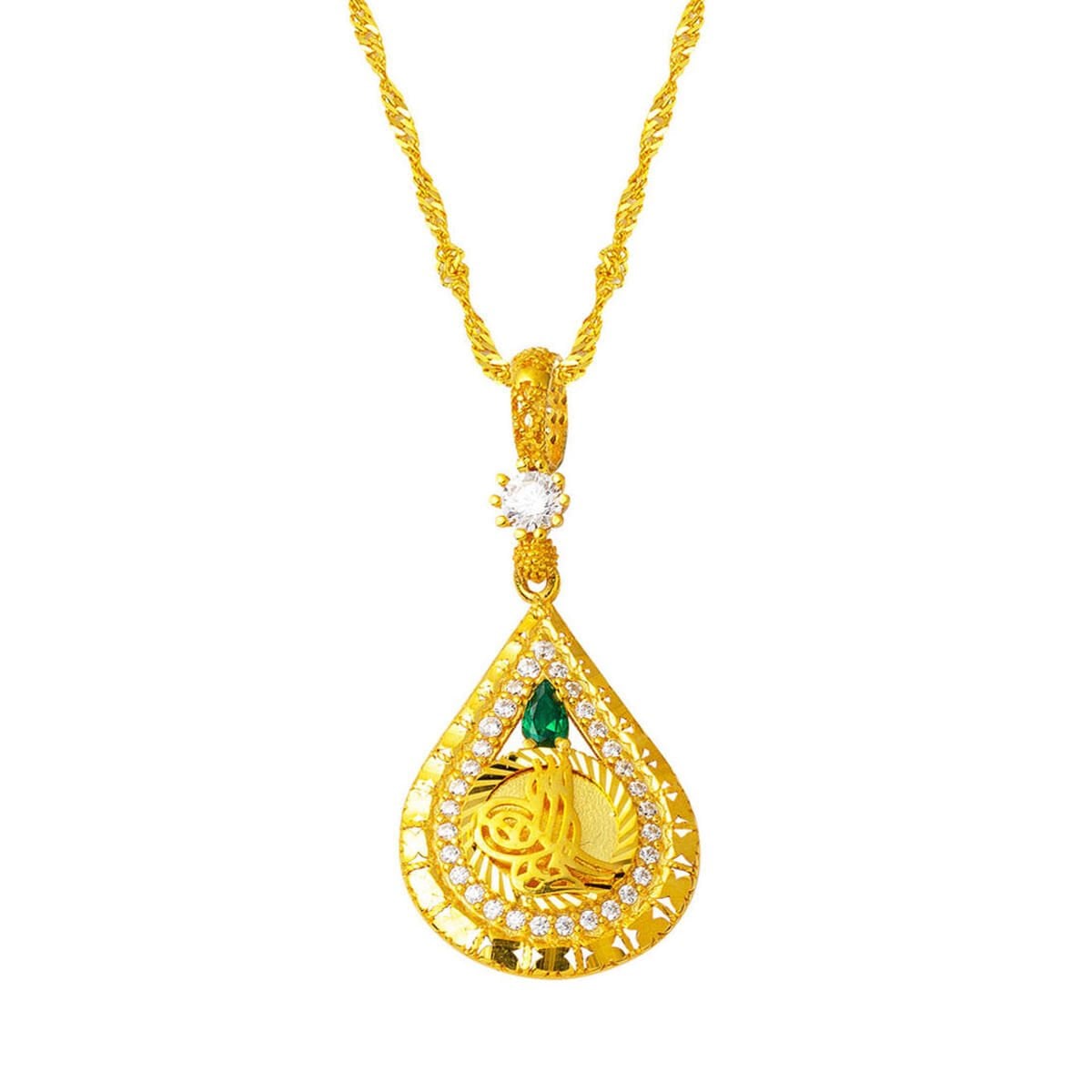 14K Yellow Gold Ottoman Tughra Cubic Zirconia Necklace (4.16 g)