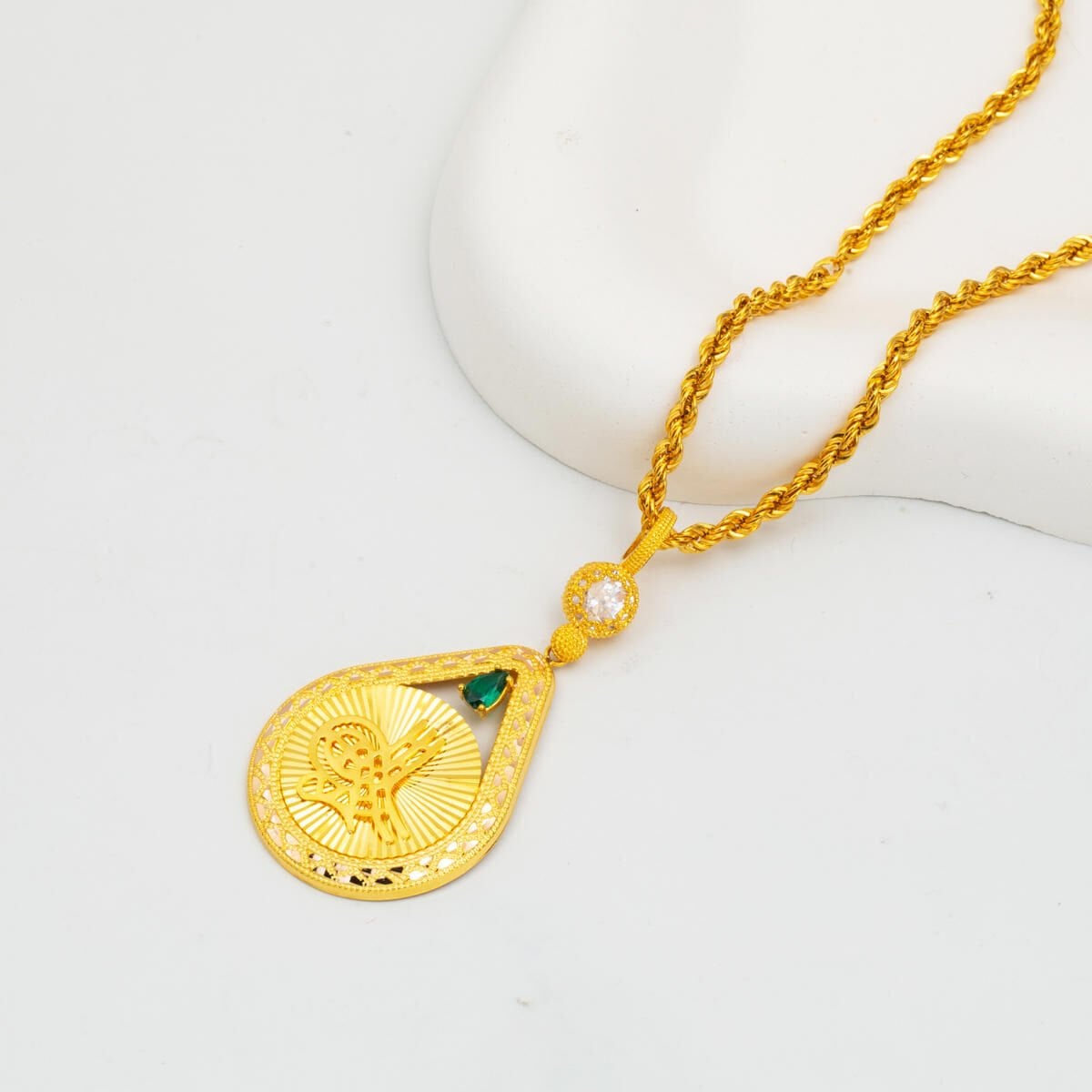 14K Yellow Gold Crystal Ottoman Tughra Cubic Zirconia Necklace