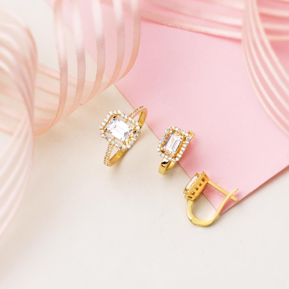14K Yellow Gold Baguette 3-Piece Cubic Zirconia Jewelry Set