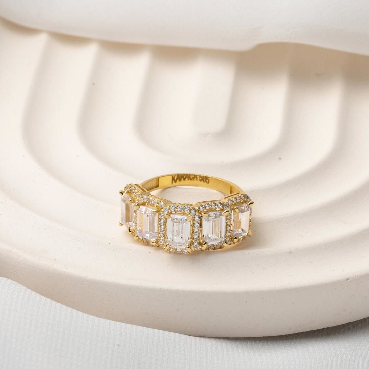 14K Yellow Gold Baguette Five Stone Cubic Zirconia Women's Ring