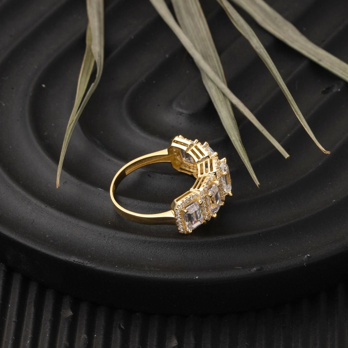 14K Yellow Gold Baguette Five Stone Cubic Zirconia Women's Ring