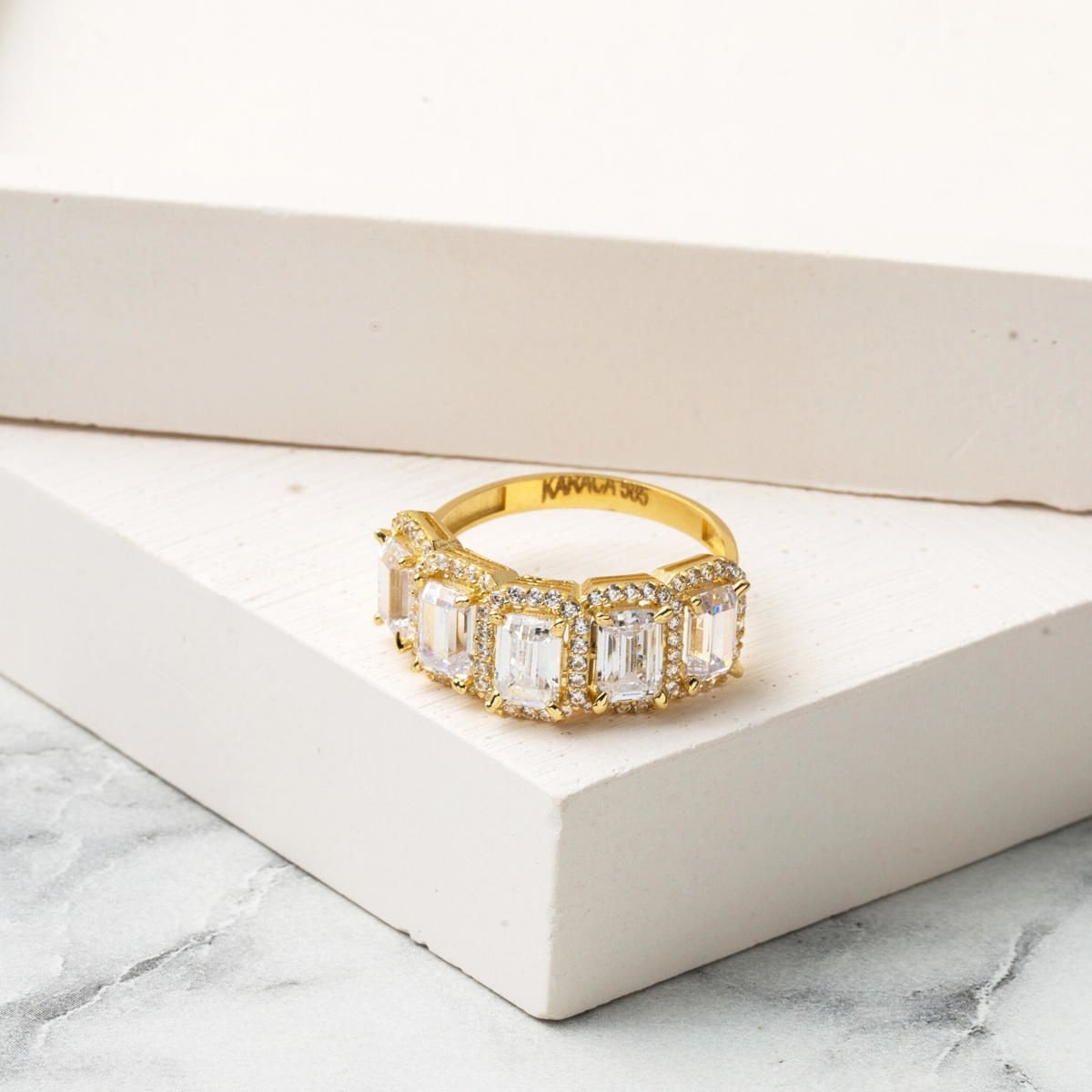 14K Yellow Gold Baguette Five Stone Cubic Zirconia Women's Ring