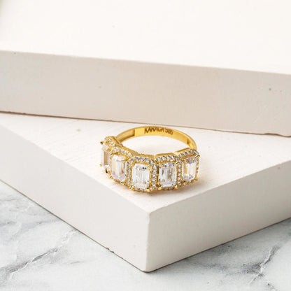 14K Yellow Gold Baguette Five Stone Cubic Zirconia Women's Ring