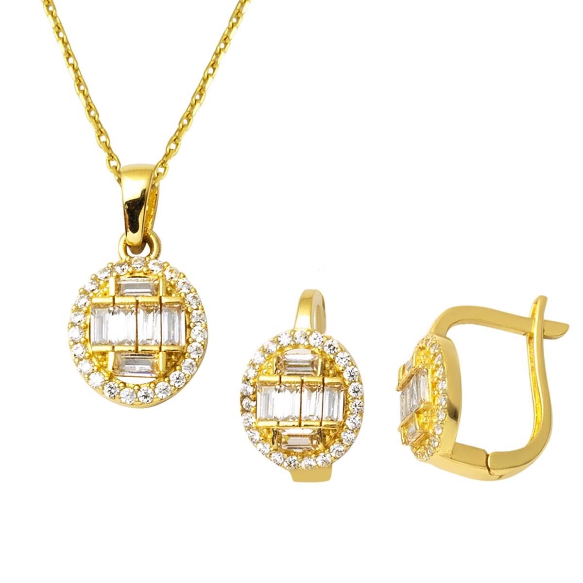 14K Yellow Gold Baguette Cubic Zirconia Necklace & Earrings Set (5.61 g)