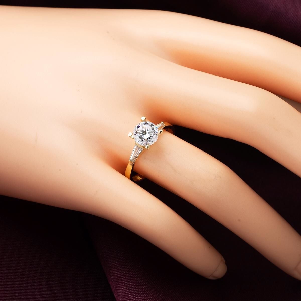 14K Yellow Gold Baguette Design Solitaire Cubic Zirconia Ring