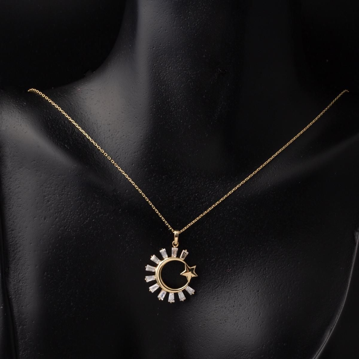 14K Yellow Gold Baguette Cubic Zirconia Crescent and Star Necklace