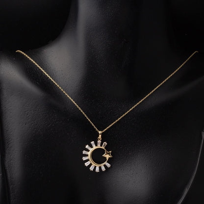 14K Yellow Gold Baguette Cubic Zirconia Crescent and Star Necklace