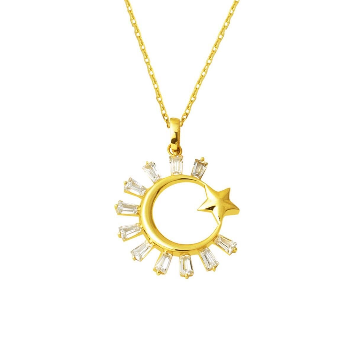 14K Yellow Gold Baguette Cubic Zirconia Crescent and Star Necklace