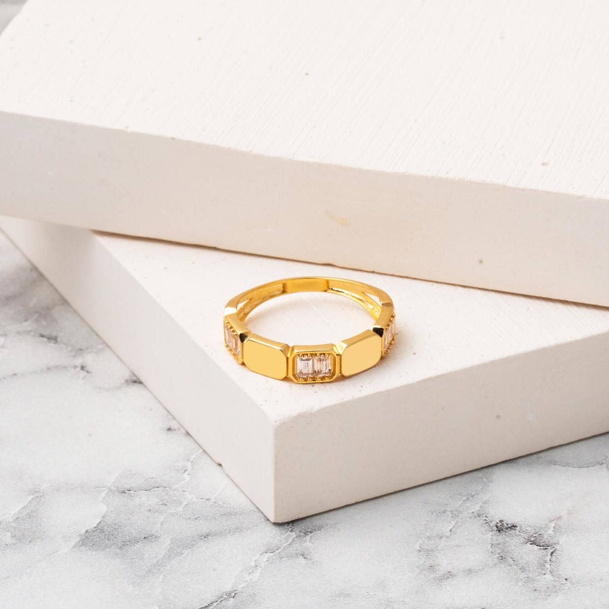 14K Yellow Gold Baguette Trendy Cubic Zirconia Ring