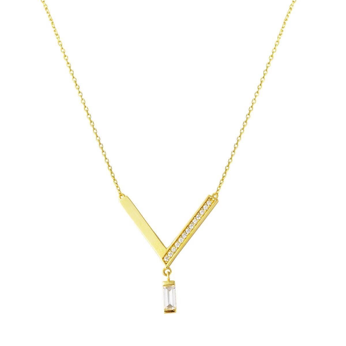 14K Yellow Gold Baguette Cubic Zirconia V Bar Necklace