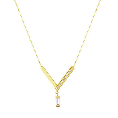 14K Yellow Gold Baguette Cubic Zirconia V Bar Necklace