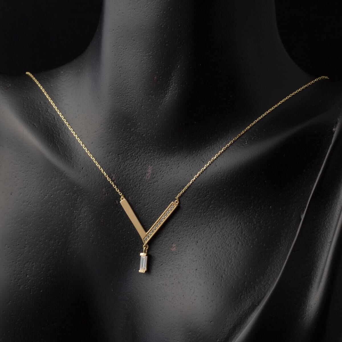 14K Yellow Gold Baguette Cubic Zirconia V Bar Necklace