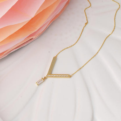 14K Yellow Gold Baguette Cubic Zirconia V Bar Necklace