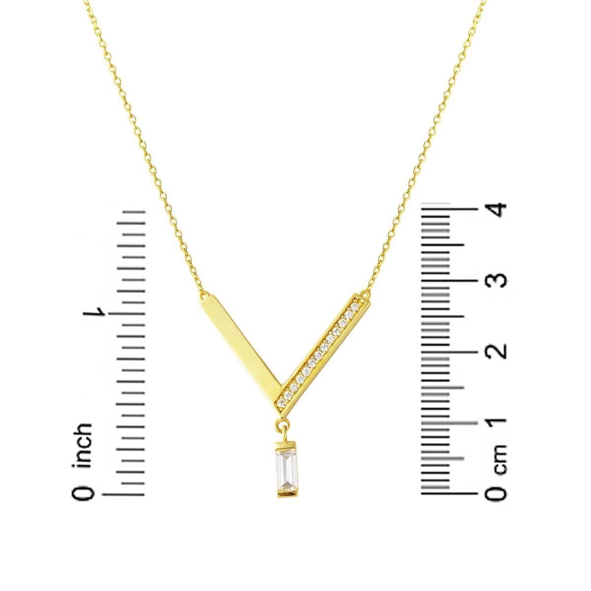 14K Yellow Gold Baguette Cubic Zirconia V Bar Necklace