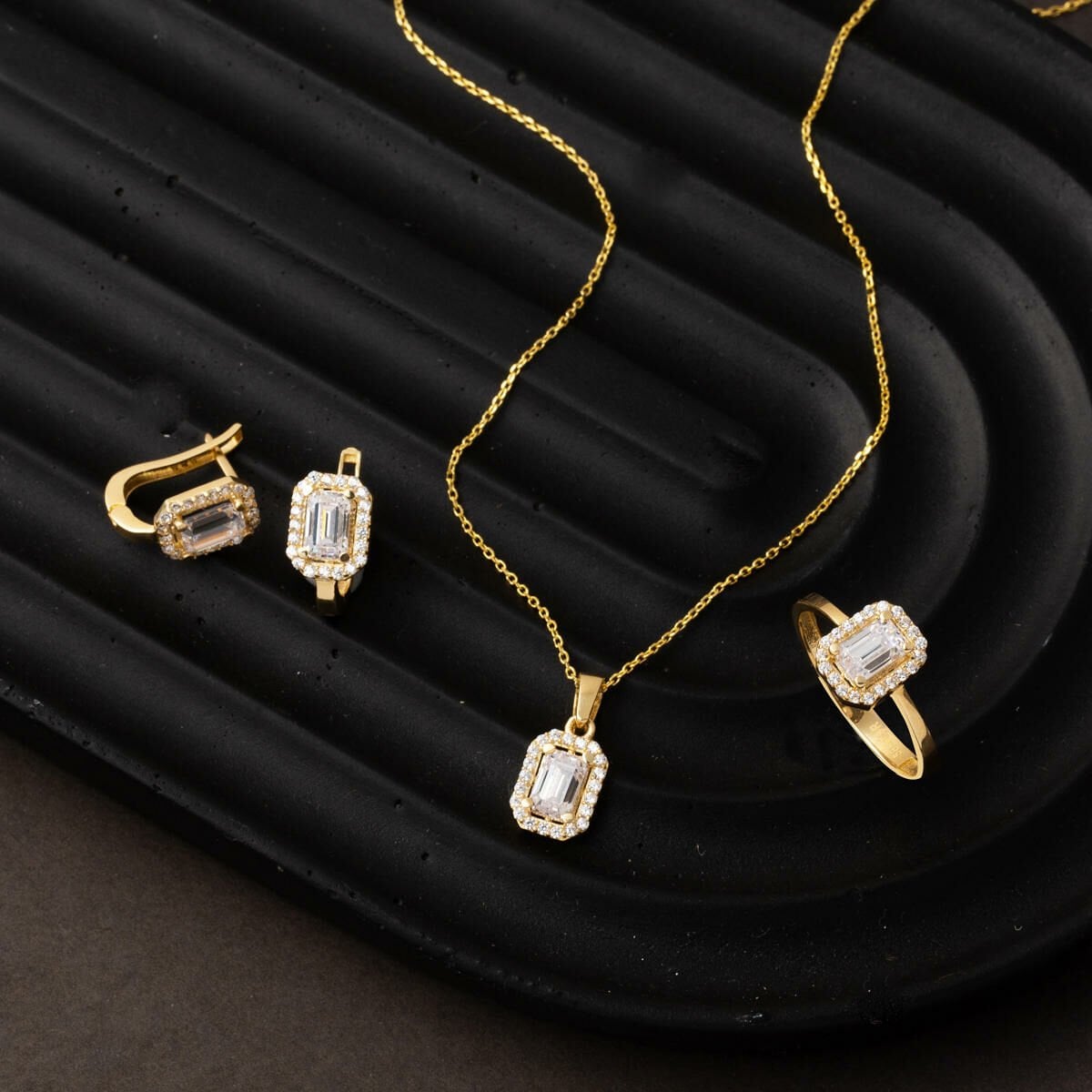 14K Yellow Gold Baguette Single Cubic Zirconia 3-Piece Minimalist Set