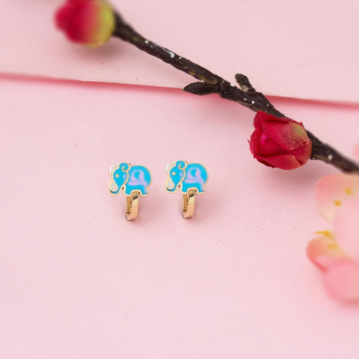 14K Yellow Gold Blue Elephant Enamel Children's Earrings