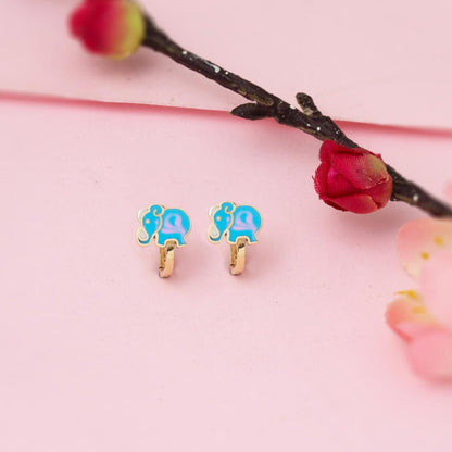 14K Yellow Gold Blue Elephant Enamel Children's Earrings