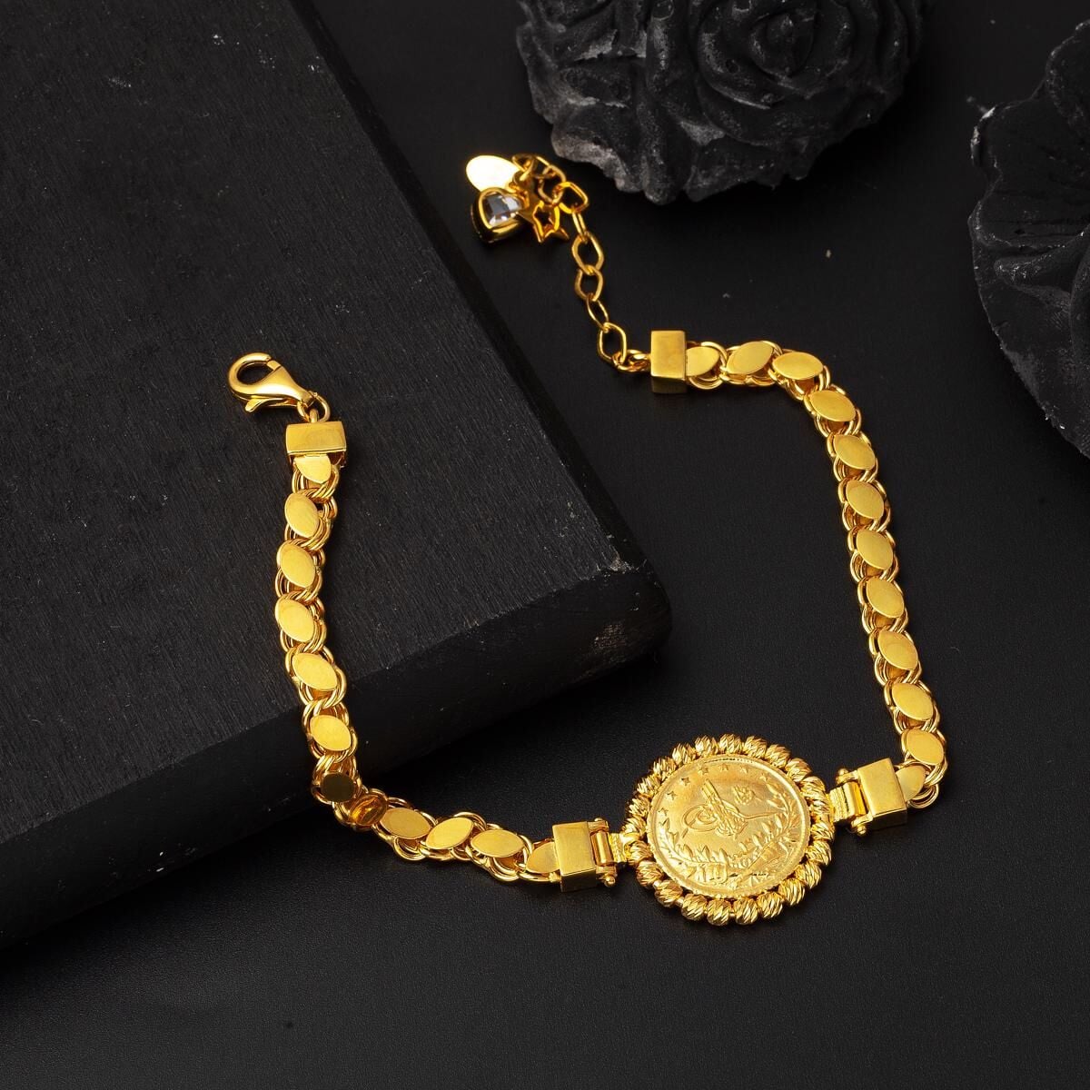 14K Yellow Gold Quarter Coin Ottoman Resat Coin Bezel Bracelet