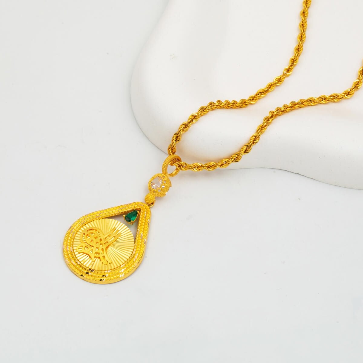 14K Yellow Gold Teardrop Ottoman Tughra Cubic Zirconia Necklace