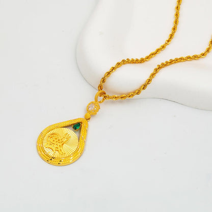 14K Yellow Gold Teardrop Ottoman Tughra Cubic Zirconia Necklace