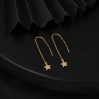 14K Yellow Gold Star Dangle Chain Earrings