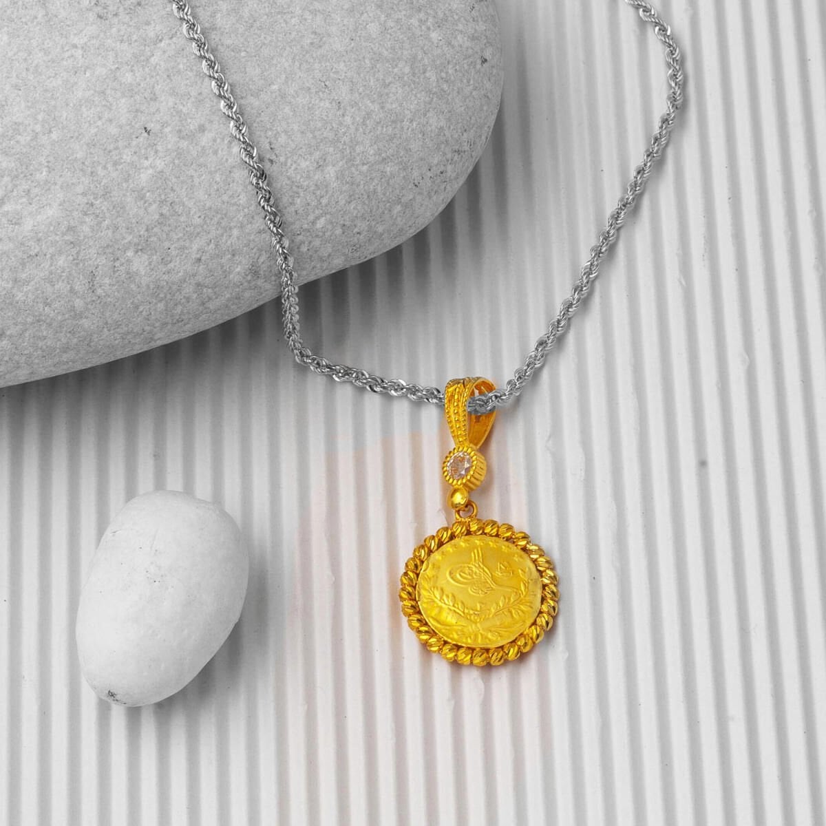 14K Yellow Gold Quarter Coin Ottoman Resat Coin Cubic Zirconia Pendant