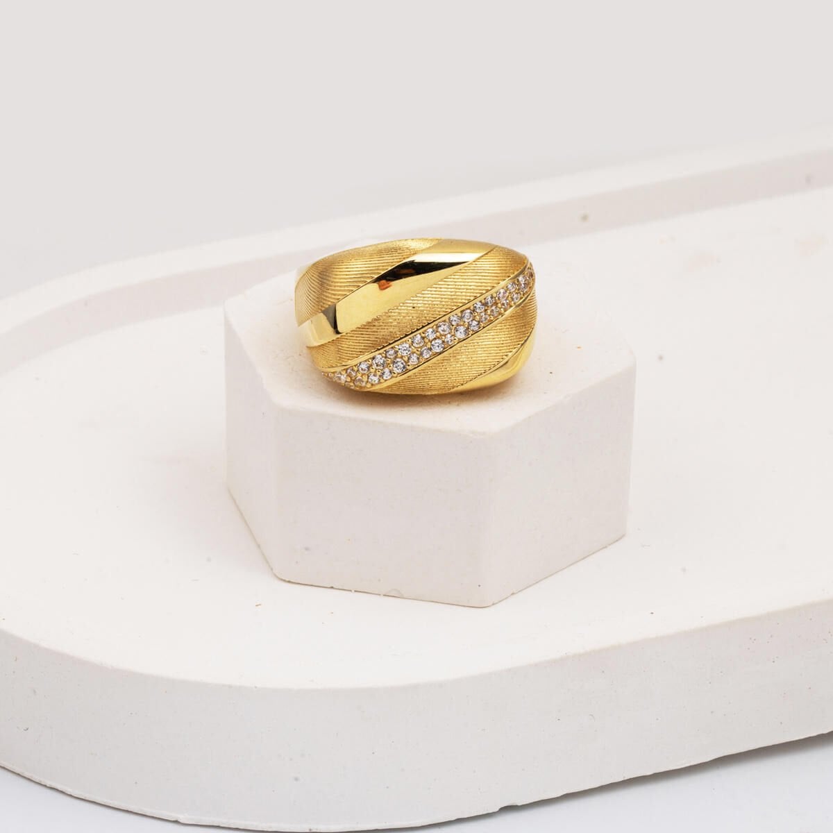 14K Yellow Gold Striped Cubic Zirconia Ring