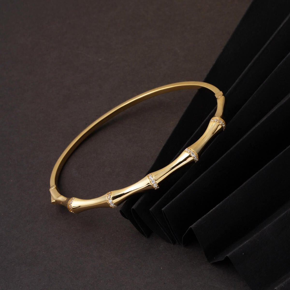 14K Yellow Gold Bone Hinged Cuff Cubic Zirconia Bangle