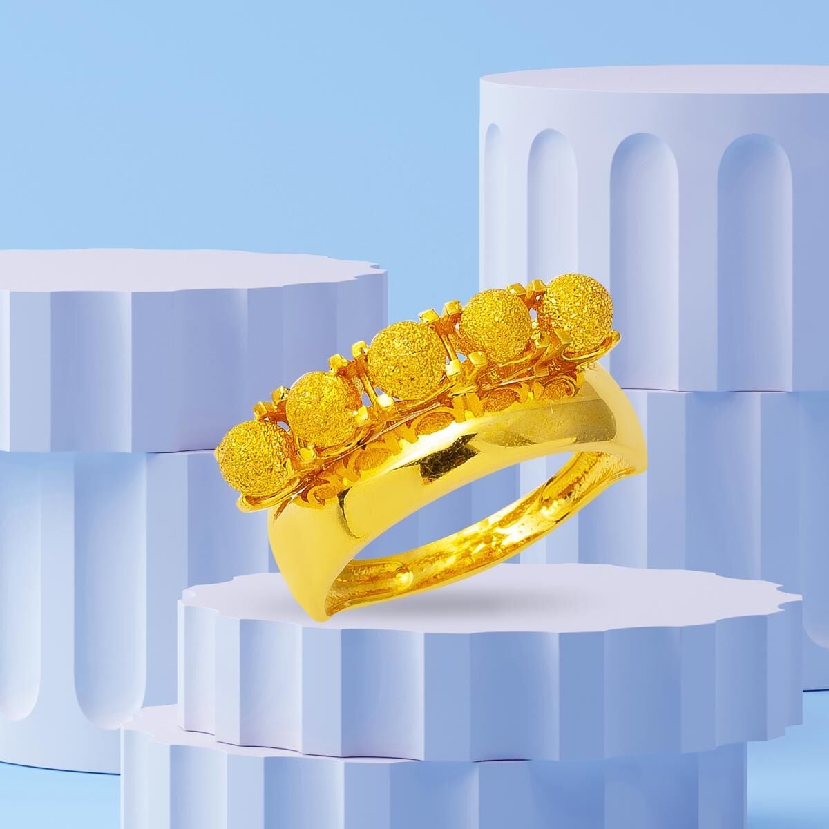 22K Yellow Gold Five Bead Wedding Band Ring