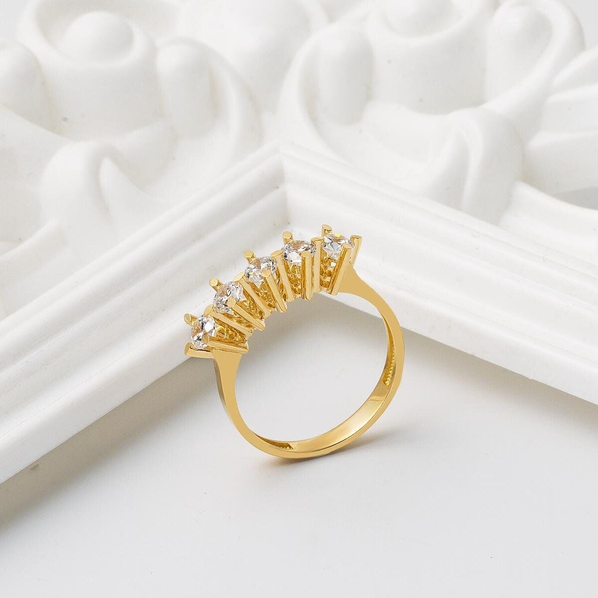 14K Yellow Gold Five Stone Cubic Zirconia Ring