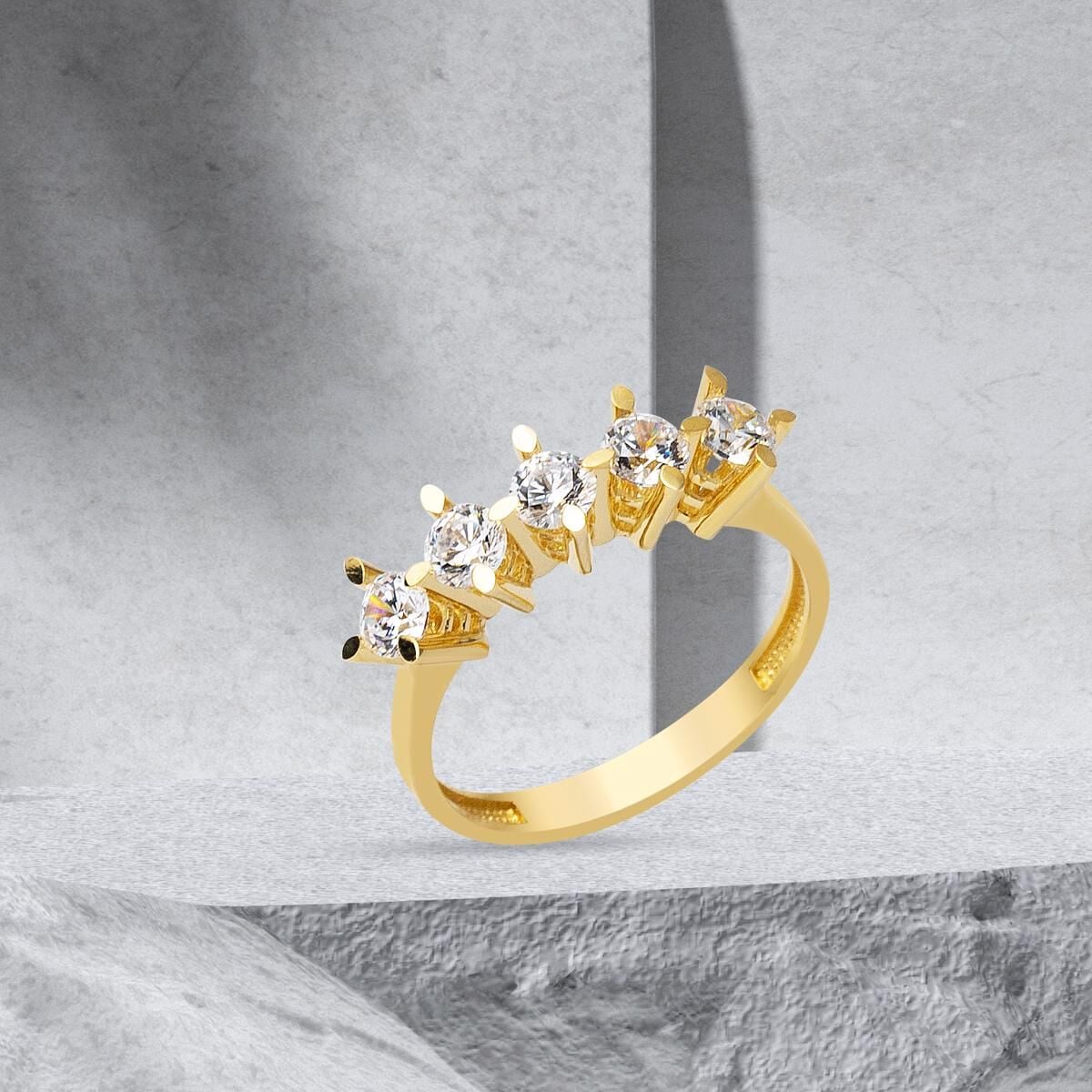 14K Yellow Gold Five Stone Cubic Zirconia Ring