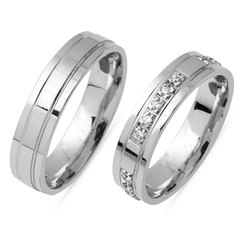 14K White Gold Modern Double Wedding Band Cubic Zirconia Ring