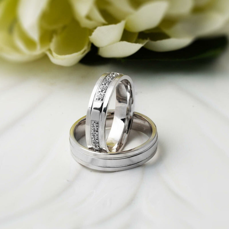 14K White Gold Modern Double Wedding Band Cubic Zirconia Ring