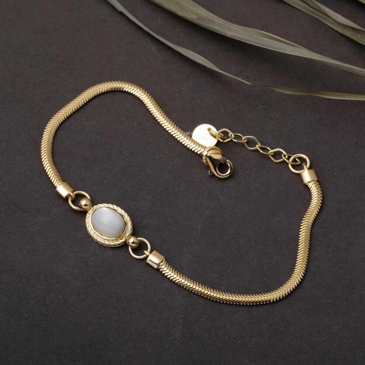 14K Yellow Gold Herringbone White Opal Bracelet