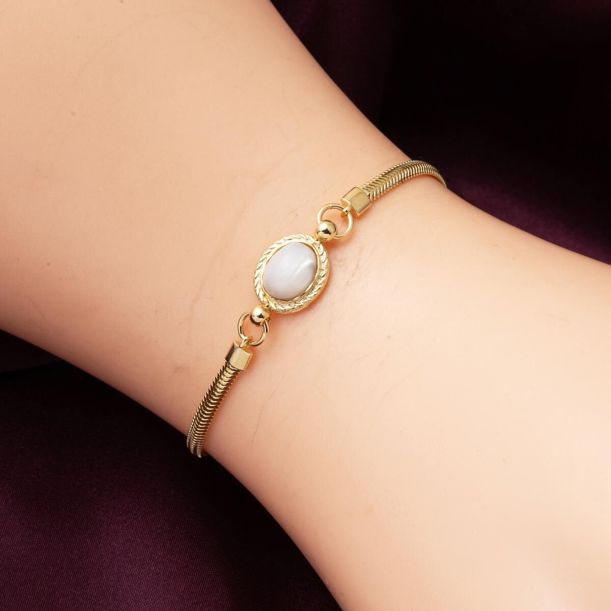 14K Yellow Gold Herringbone White Opal Bracelet