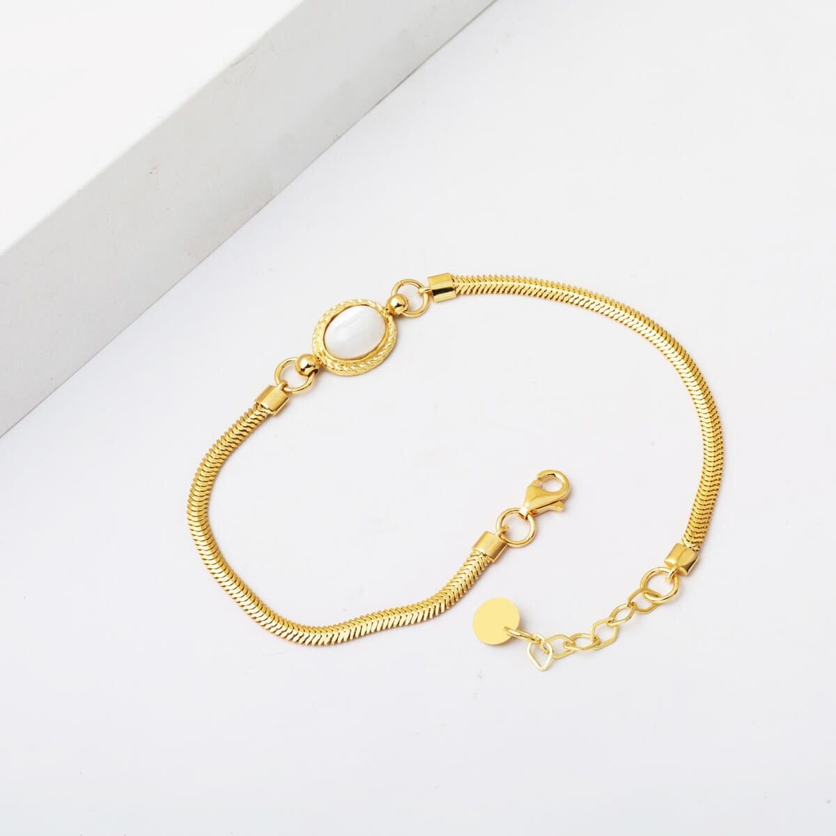 14K Yellow Gold Herringbone White Opal Bracelet