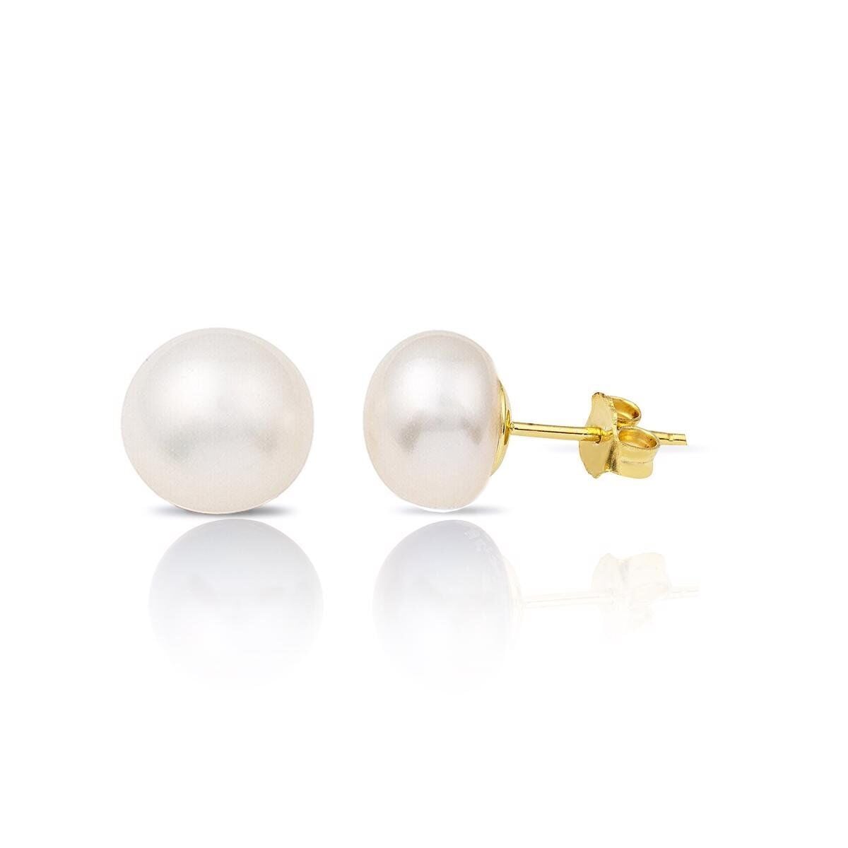 14K Yellow Gold White Flat Pearl Earrings