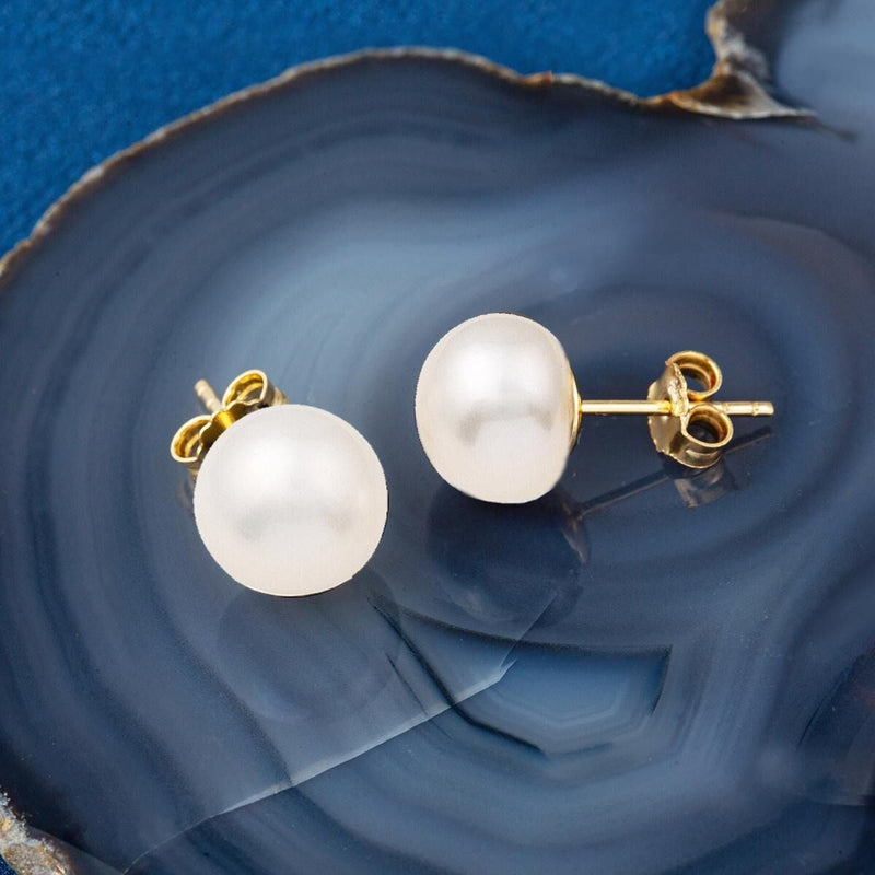 14K Yellow Gold White Flat Pearl Earrings