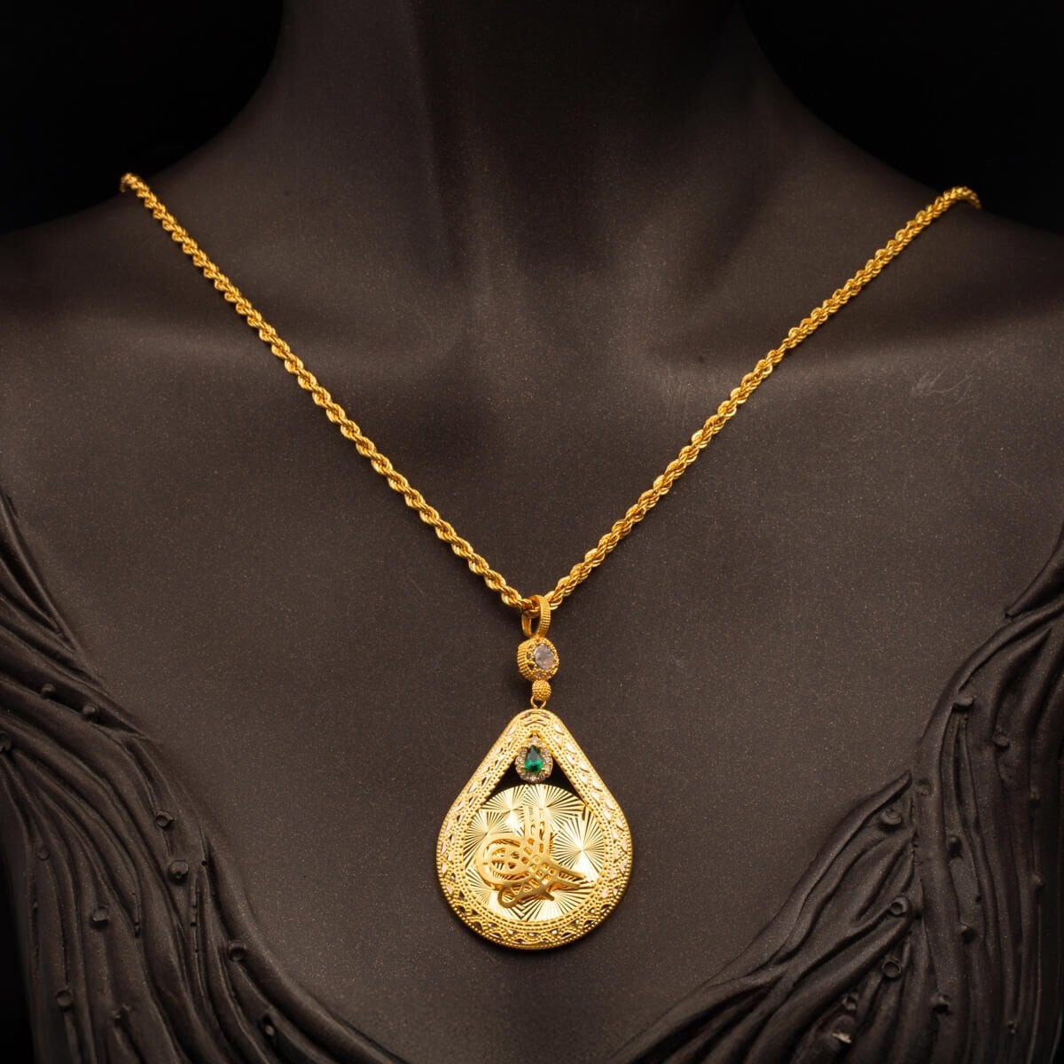 14K Yellow Gold Sparkling Ottoman Tughra Cubic Zirconia Necklace