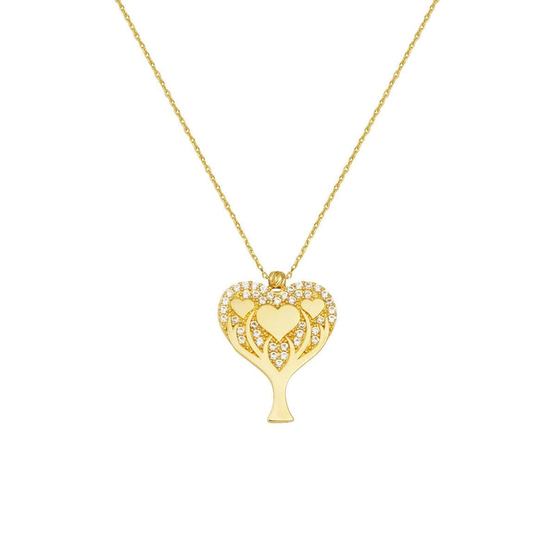 14K Yellow Gold Heart Tree of Life Cubic Zirconia Necklace