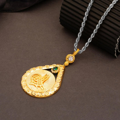 14K Yellow Gold Teardrop Sparkling Ottoman Tughra Cubic Zirconia Pendant